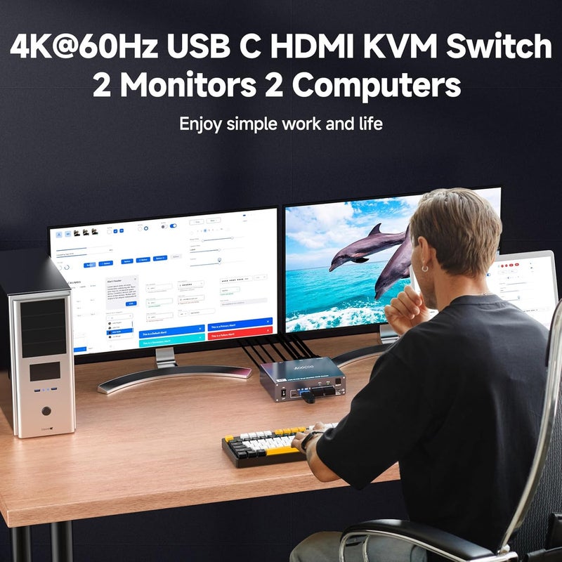AOOCOO مفتاح KVM USB C 4K@60Hz، مفتاح USB C HDMI لشاشتين لمشاركة 1 كمبيوتر و 1 لابتوب مع 2 شاشة و 4 أجهزة USB3.0، طاقة PD للابتوب مع جهاز تحكم سلكي وكابلات USB متضمنة - Image 5